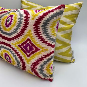Oblong Ikat Velvet Cushion Multi Coloured Circles, 4 of 9