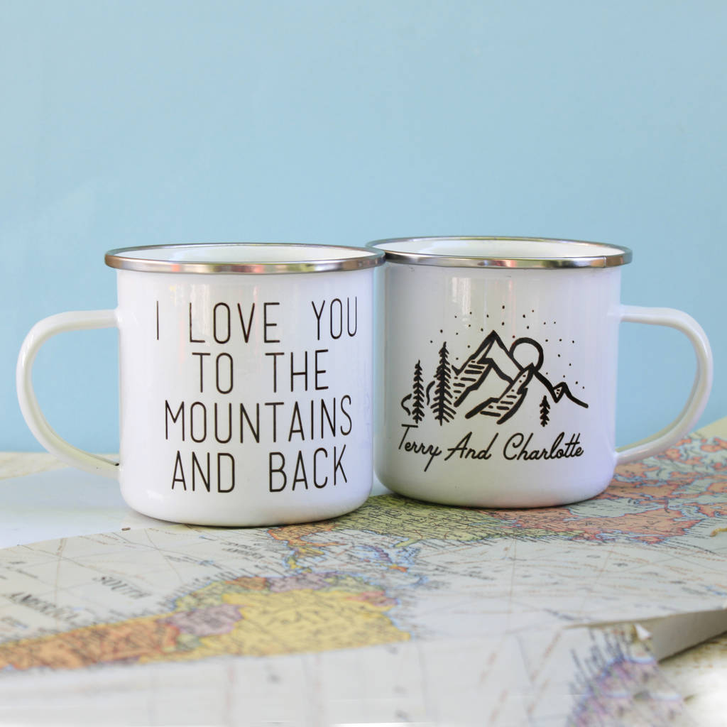 Personalised Love You To The Mountains Enamel Mug, 1 of 5