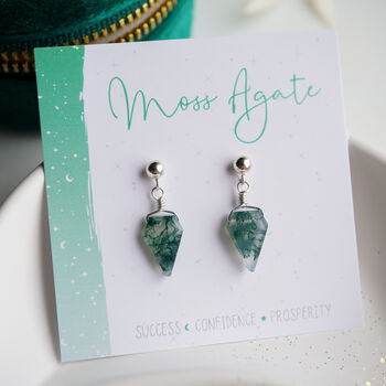 Natural Moss Agate Crystal Earrings, 2 of 11