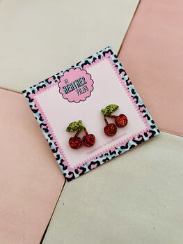 Sweet Cherry Glitter Resin Studs / Rockabilly Jewellery Retro Sparkly Fruit Studs / Gift For Her, 4 of 5
