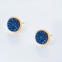 Round 18k Gold Plated Blue Druzy Stud Earrings, thumbnail 2 of 3