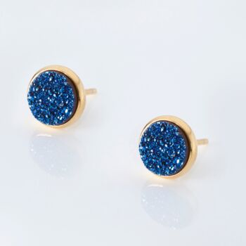 Round 18k Gold Plated Blue Druzy Stud Earrings, 2 of 3