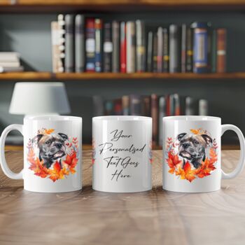 Personalised Dog Mug Staffordshire Bull Terrier In An Autumn Wreath, 2 of 2