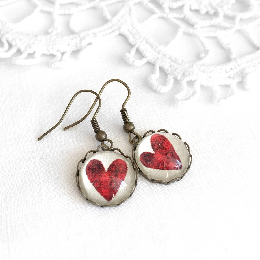 Red Love Heart Drop Earrings By Pomegranate Prints | notonthehighstreet.com