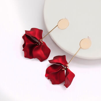 Dark Red Hand Painted Rose Flower Petal Drop Earrings, 2 of 3