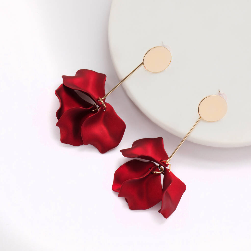 Dark Red Hand Painted Rose Flower Petal Drop Earrings By Brand X ...