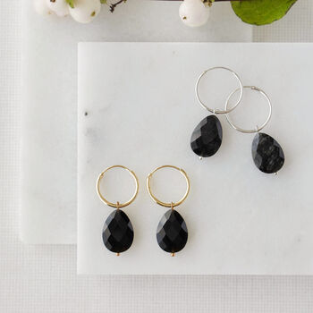 Gold Plated Black Obsidian Chunky Hoop Earrings, 3 of 5