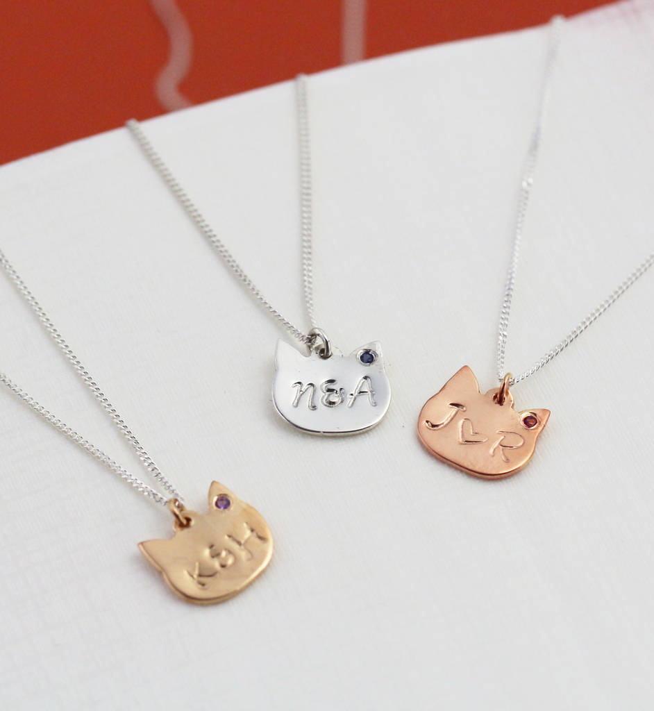 Personalised Silver Cat Necklace With Birthstones By Lushchic X 