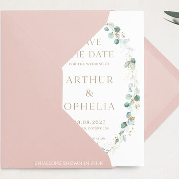Save The Date Cards With Green And Gold Leaf, 3 of 6