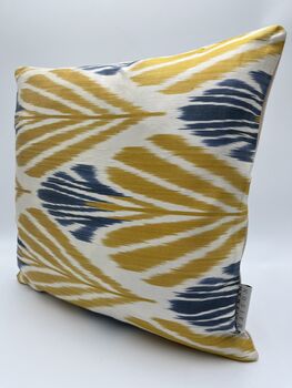 Square Ikat Silk Cushion Yellow And Blue Feather, 3 of 8