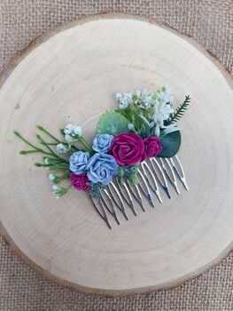 Bright Pink And Dusky Blue Flower Hair Comb, 5 of 6