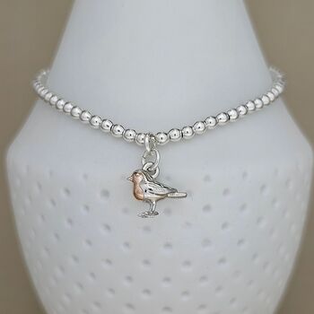 Sterling Silver Bead Bracelet With Baby Robin Charm, 2 of 4