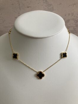 18 K Gold Plated Four Leaf Clover Necklace Gold Black, 3 of 6
