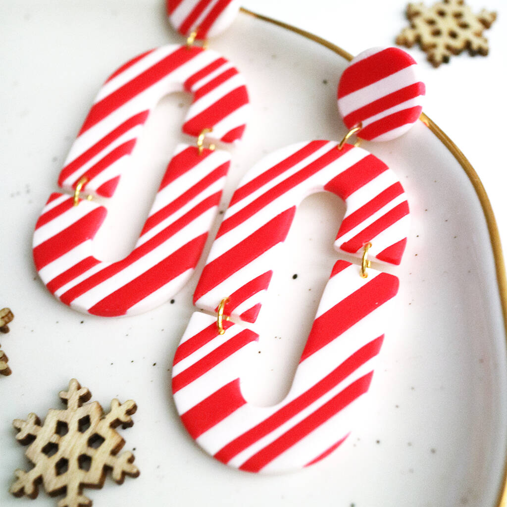 Candy Cane Statement Oval Clay Earrings By By Coya