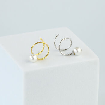 Sterling Silver Pearl Spiral Hoop Earrings, 3 of 6