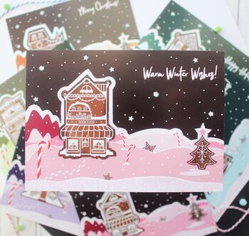 Christmas Glitter Postcard Set, Gingerbread Shops, 2 of 8