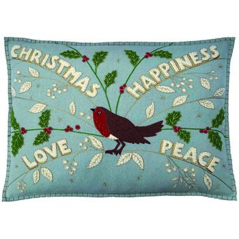 Hand Embroidered Christmas Robin Cushion In Wool, 2 of 6