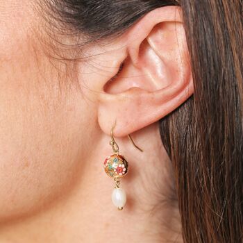 Cloisonne Ball And Pearl Drop Earrings In Gold, 2 of 3