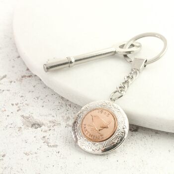 Personalised 70th Birthday Farthing Coin Locket Keyring, 2 of 8