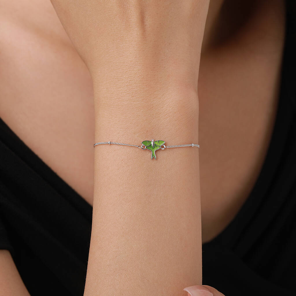 Sterling Silver Green Enamel Luna Moth Bracelet, 1 of 11