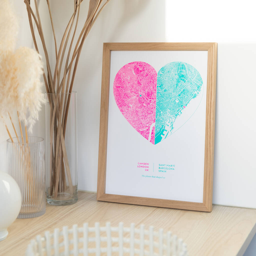 Two Location Risograph Heart Map Print, 1 of 7