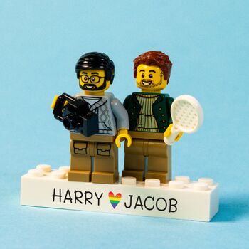 Personalised Lego® Minifig Couple Gift With Rainbow Heart: Inclusive Valentines Keepsake For Lgbtq+ Couples, 2 of 12