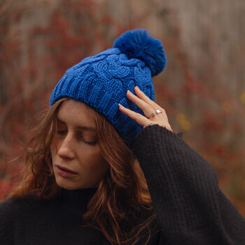 Royal Blue Pom Pom Cable Knit Hat And Scarf Set, 3 of 3