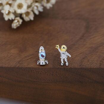 Mismatched Astronaut And Rocket Stud Earrings In Sterling Silver, 3 of 12