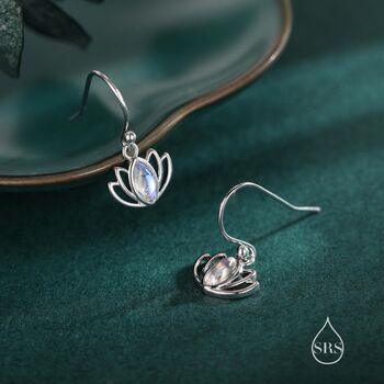 Sterling Silver Lotus Flower Drop Hook Earrings With Lab Moonstone, 6 of 11