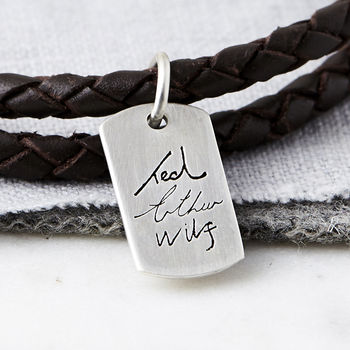 Mens Silver And Leather Handwriting Signature Bracelet, 3 of 4