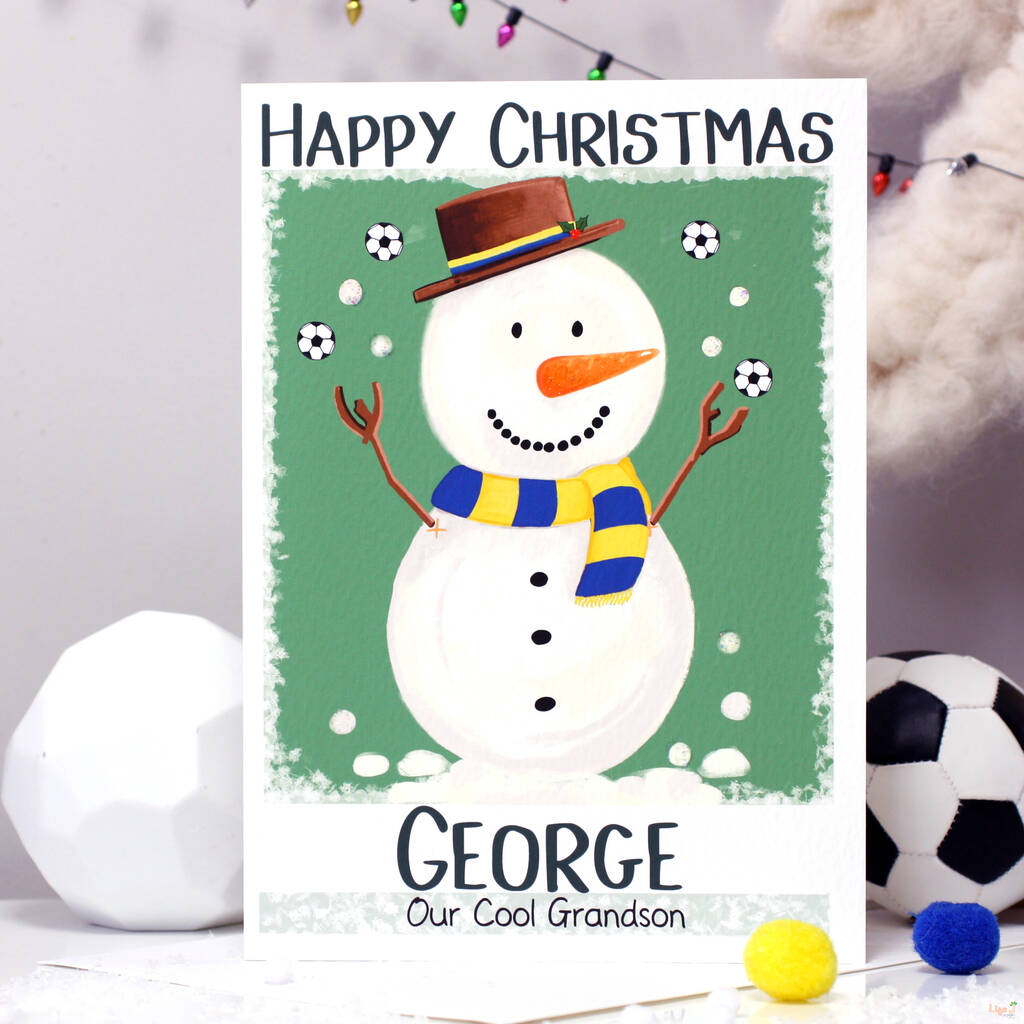 Personalised Snowman Football Christmas Card, 1 of 12