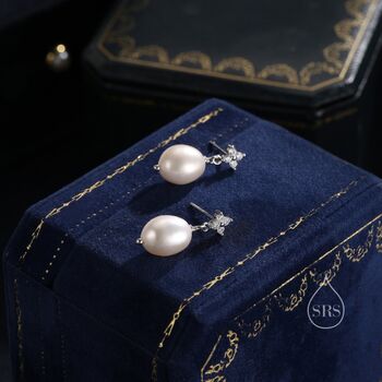 Pearl And Hydrangea Cz Flower Drop Stud Earrings, 5 of 10