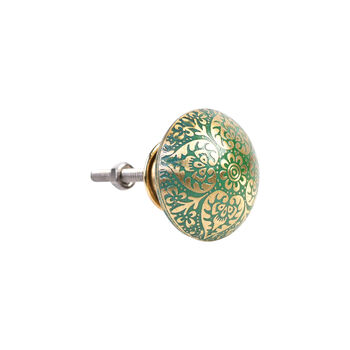 Set Of Three Brass Gold And Green Mandala Brass Knobs, 6 of 9
