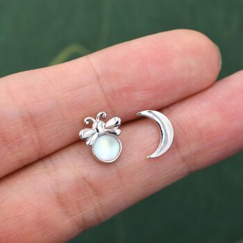Sterling Silver Firefly And Moon Stud Earrings, 4 of 9