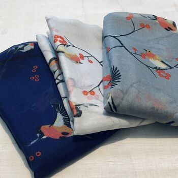 Robin On Branch Cotton Blend Scarf, 2 of 7