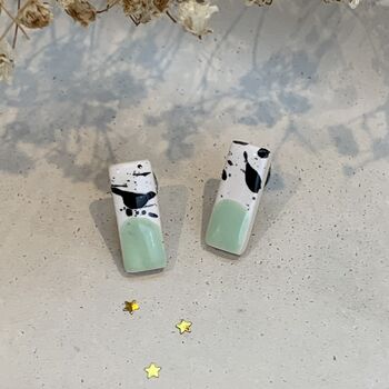 Mint Green Ceramic Bar Stud Earrings Abstract Splatter Minimalist Studs, 5 of 8