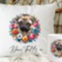 Personalised Pug Summer Floral Dog Wreath Cushion And Mug Gift Bundle, thumbnail 1 of 4