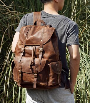 Military Style Genuine Leather Backpack In Tan, 6 of 12