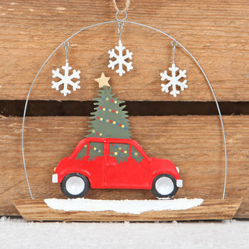 Christmas Car With Tree Hanging Decoration By Red Berry Apple