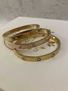 Stainless Steel Engraved Gold Zirconia Bangle, 4 of 4