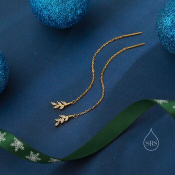 Delicate Cz Leaf Threader Earrings In Sterling Silver, 7 of 11