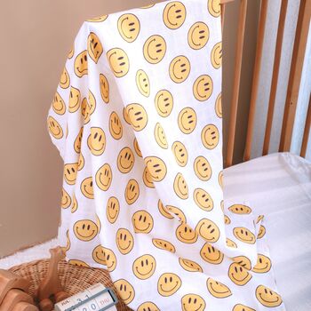 Muslin Swaddle Baby Shower Blanket Smiley, 6 of 9