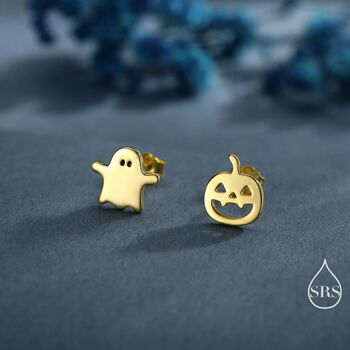 Sterling Silver Mismatched Carved Pumpkin And Ghost Stud Earrings, 4 of 12