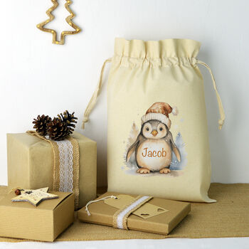 Personalised Penguin Drawstring Christmas Gift Bag, 4 of 4