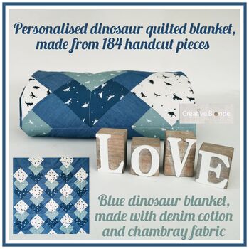 Personalised Patchwork Dinosaur Blanket, Blue Teal, 3 of 12