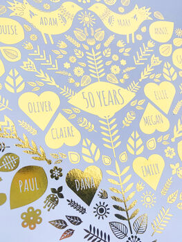 50th Golden Wedding Anniversary Foil Family Tree Print, 6 of 10