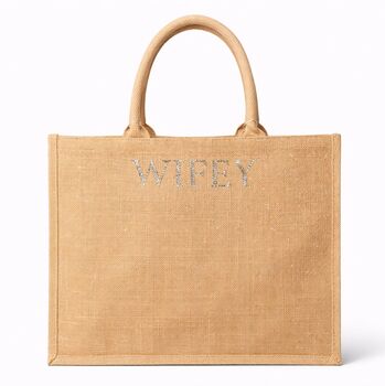 Wifey Square Gold Reflective Jute Shoulder Beach Shopper Tote Bag, 5 of 6