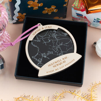 Personalised Engagement Snow Globe Map Christmas Bauble, 3 of 6
