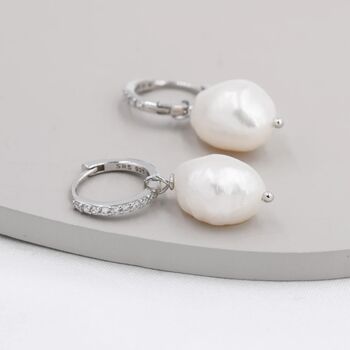 Natural Pearl Cz Huggie Hoop Earrings Sterling Silver, 2 of 10