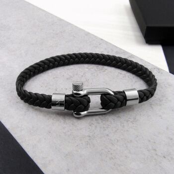 Personalised Men's Shackle And Woven Leather Bracelet, 2 of 6